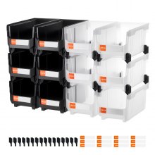 VEVOR Contenedores de almacenamiento apilables de plástico, 14,8 x 8,5 x 7,1 pulgadas (paquete de 12), contenedores de plástico para organizar y almacenar artículos de garaje, piezas pequeñas, suministros de oficina y otros accesorios, negros y transparentes.